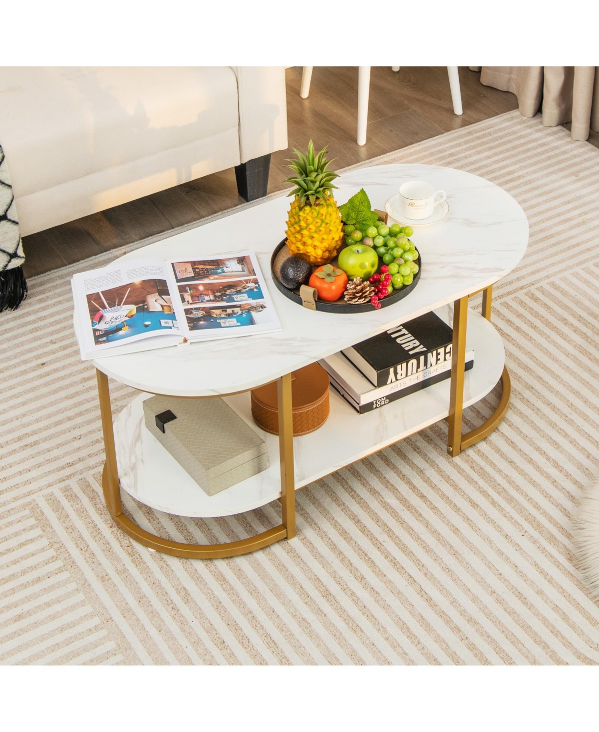 Slickblue Marble Coffee Table with Open Storage Shelf-White
