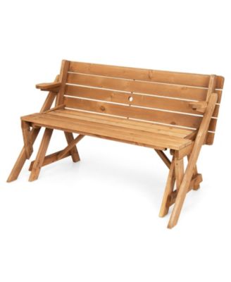 2-in-1 Transforming Interchangeable Wooden Picnic Table Bench with Umbrella Hole-Dark Brown