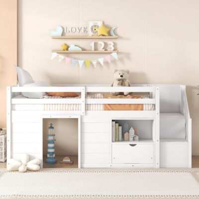 Twin Loft Bed with Stair, Drawer & Shelf