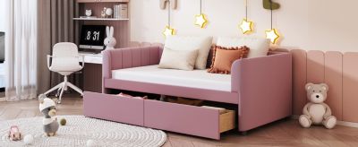 Streamdale Pink Upholstered Daybed with Ergonomic Backrest and Drawers