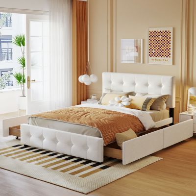 Streamdale Linen Platform Bed with Headboard and 4 Drawers