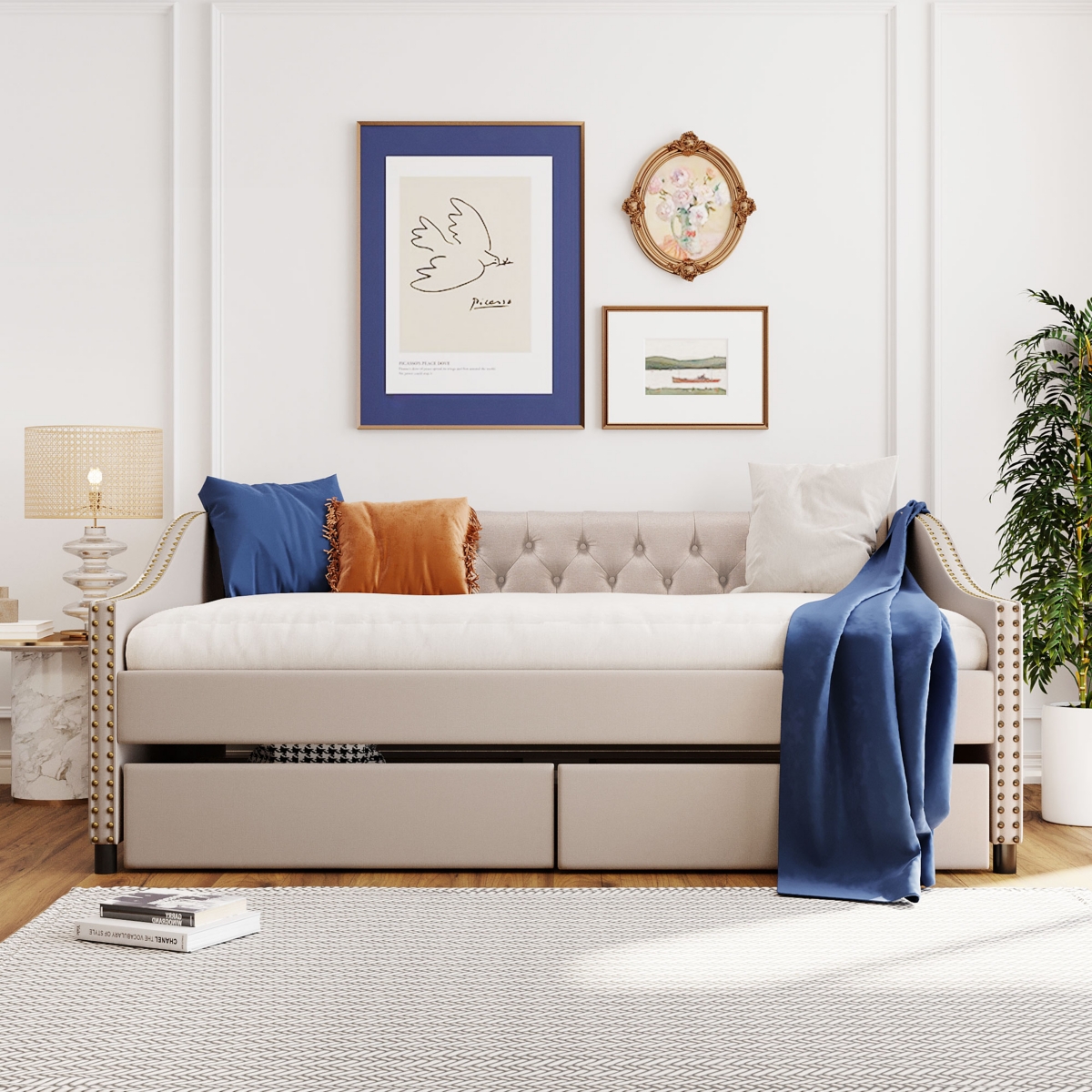 Streamdale Upholstered Daybed With Two Drawers, Wood Slat Support Full