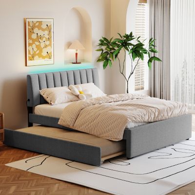 Teddy Fleece Queen Size Upholstered Platform Bed With Trundle