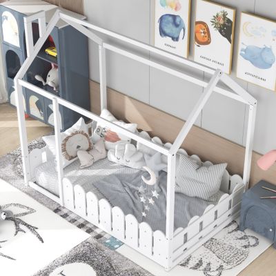 Streamdale Twin Size Wood Bed House Bed Frame With Fence, For Kids, Teens, Girl