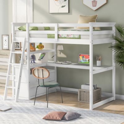 Twin Size Loft Bed With Desk And Shelves, Two Built-In Drawers