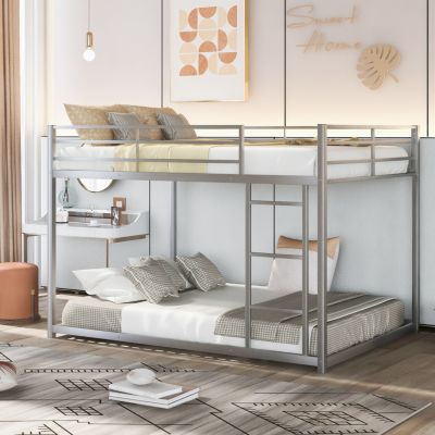 Full Over Full Metal Bunk Bed, Low Bunk Bed With Ladder, Silver