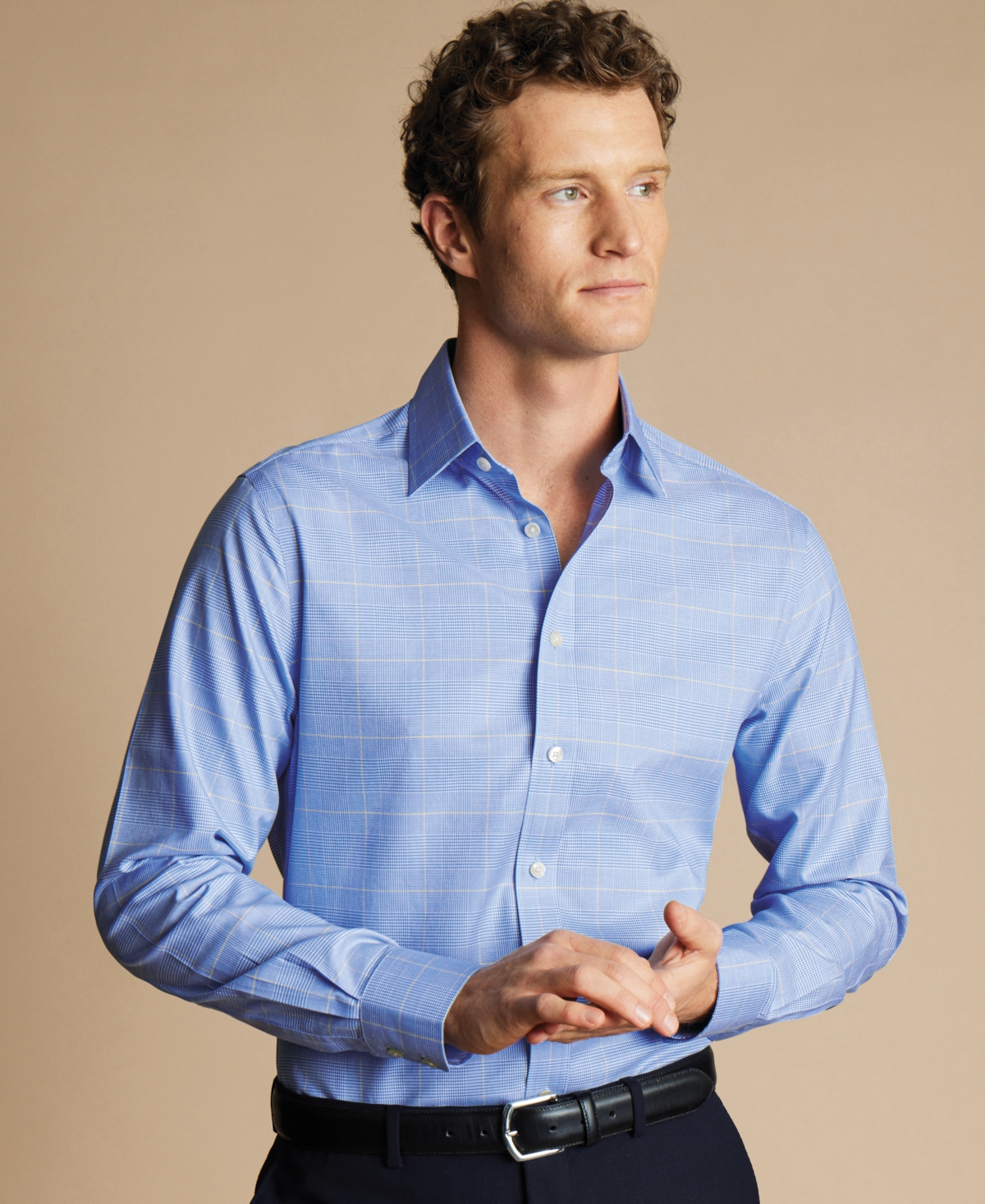 Men's Slim-Fit Non-Iron Glen Plaid Dress Shirt - Ocean Blue
