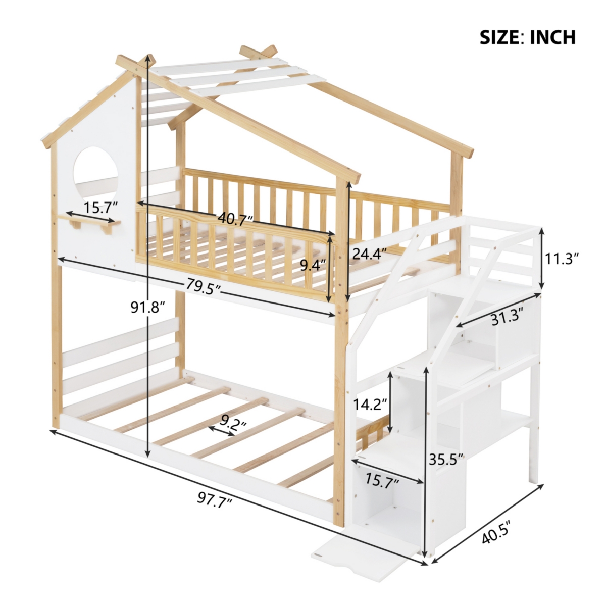 Simplie Fun Stairway Twin-Over-Twin Bunk Bed, House Bed, Storage And Guard Rail, Natural Bed + Stair