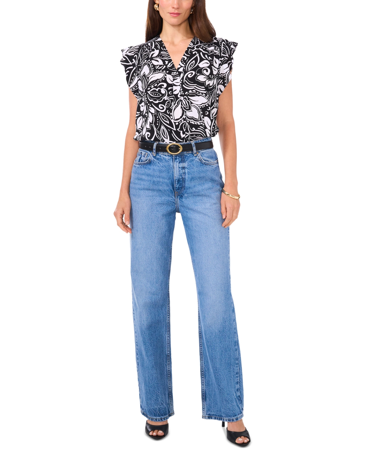 Vince Camuto Women's Floral V-Neck Flutter-Sleeve Top