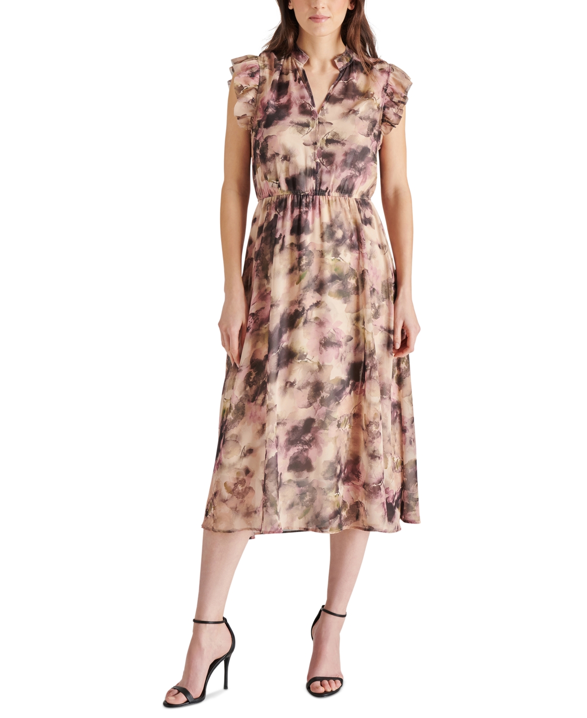 Steve Madden Allegra Abstract Print Ruffle Chiffon Midi Dress In Autumn Mauve