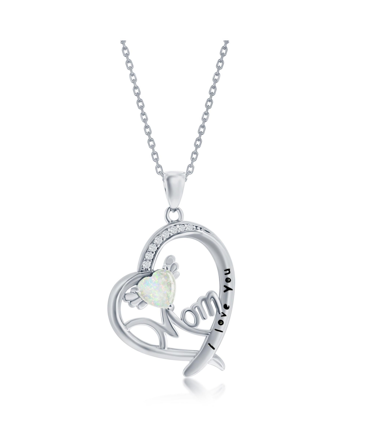 Sterling Silver I Love You, Mom Angel Wing, Cz Heart Pendant - White