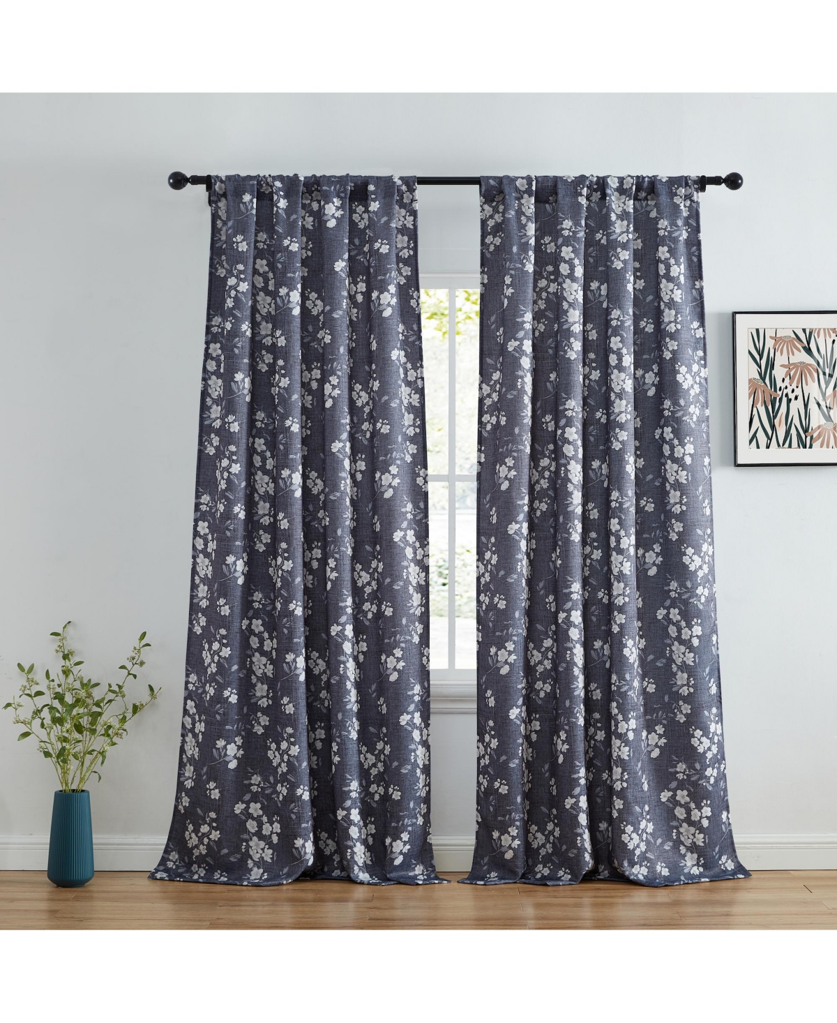 Ashley Floral Patterned Light Blocking Curtain Rod Pocket Pole Top Panels - Set of 2 - Charcoal grey