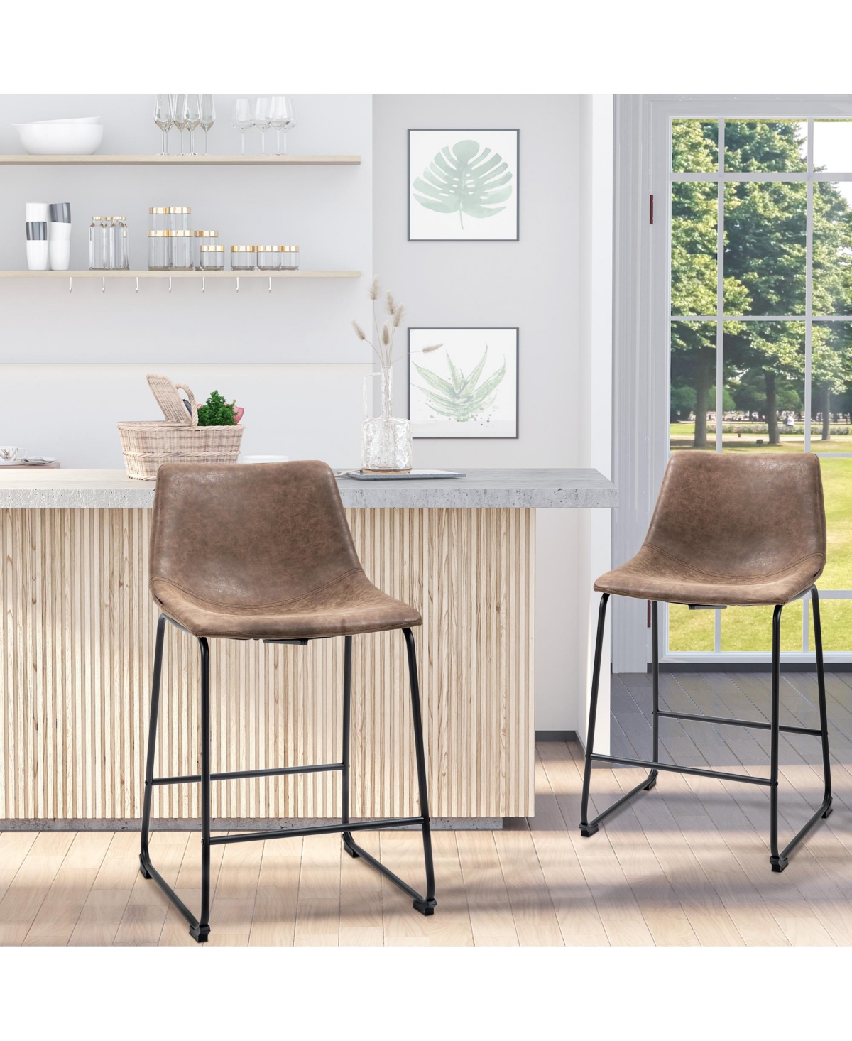 Homcom Counter Height Bar Stools Set of 2 W/ Footrest, Vintage Pu Leather, Dark- Brown