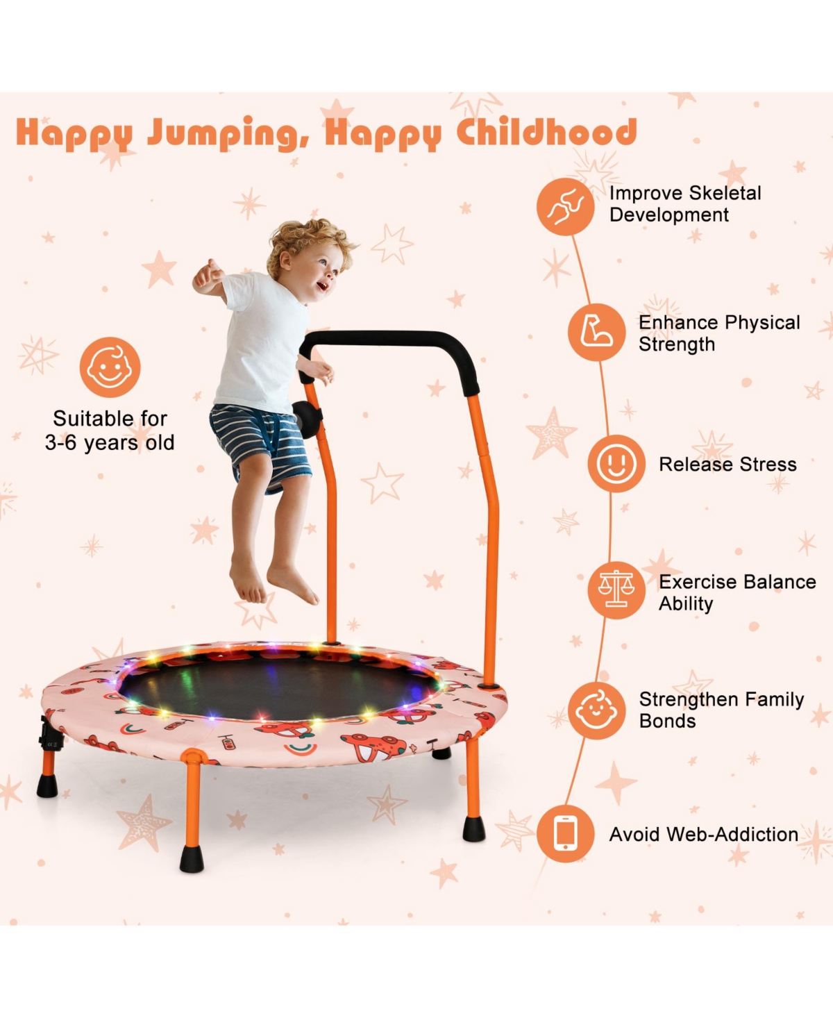 Slickblue 36 Inch Mini Trampoline with Colorful Led Lights and Bluetooth Speaker