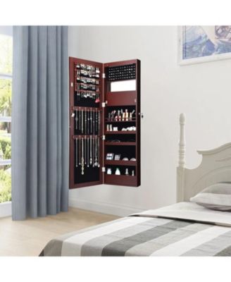 Lockable Wall Door Mounted Mirror Jewelry Cabinet with LED Lights