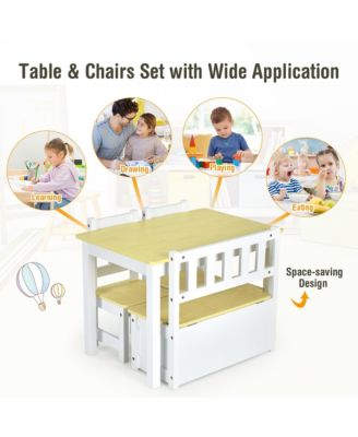 4 PCS Kids Wooden Activity Table & Chairs Set w/ Storage Bench Study Desk