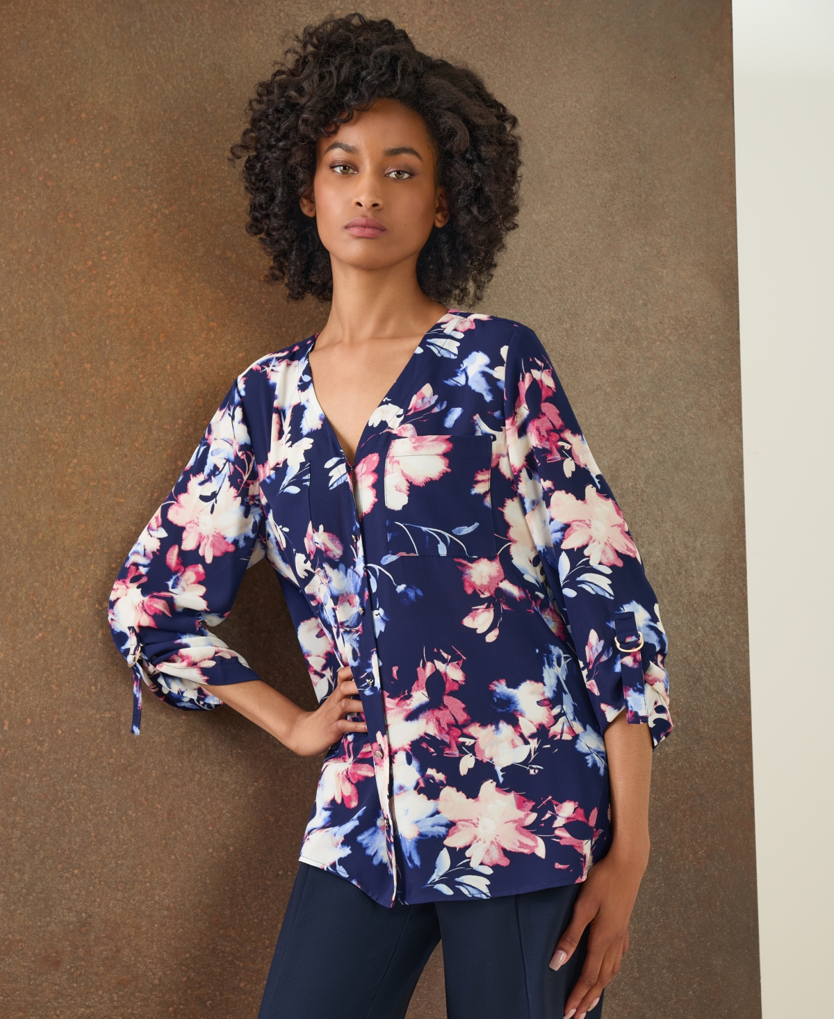 Jones New York Women's 3/4-Sleeve Floral V-Neck Tunic