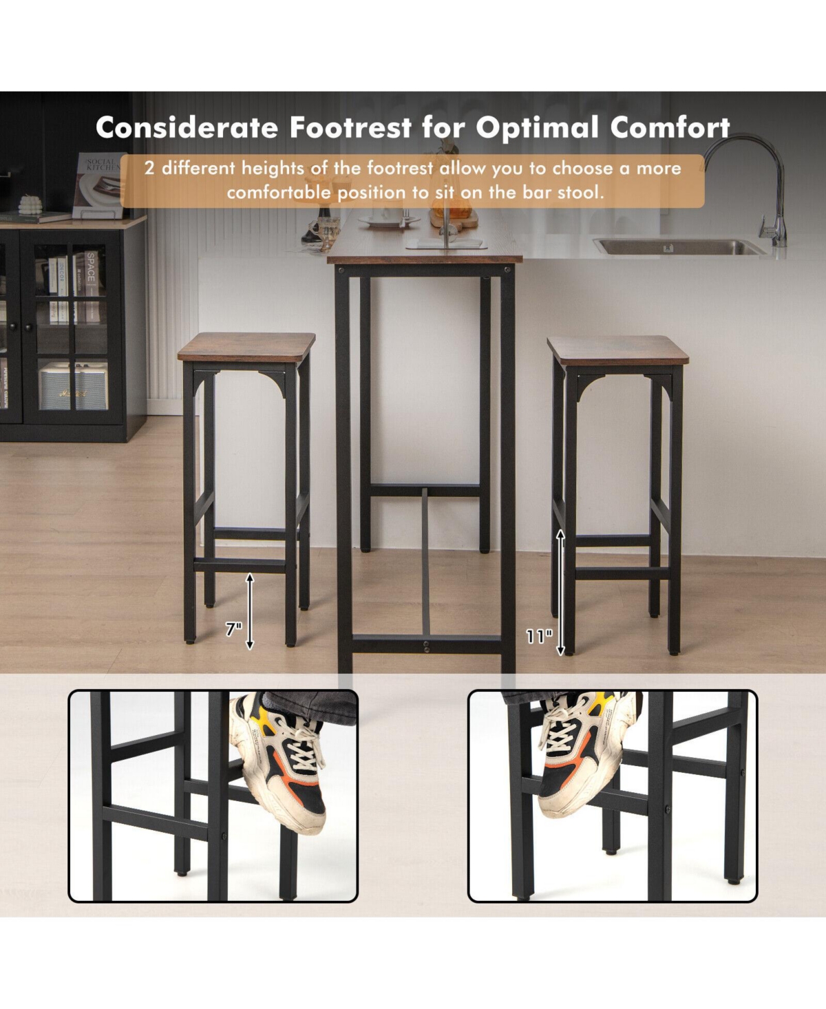 Sugift 2 Pieces Dining Bar Chair Set with Footrest and Adjustable Pads-Rustic- Brown
