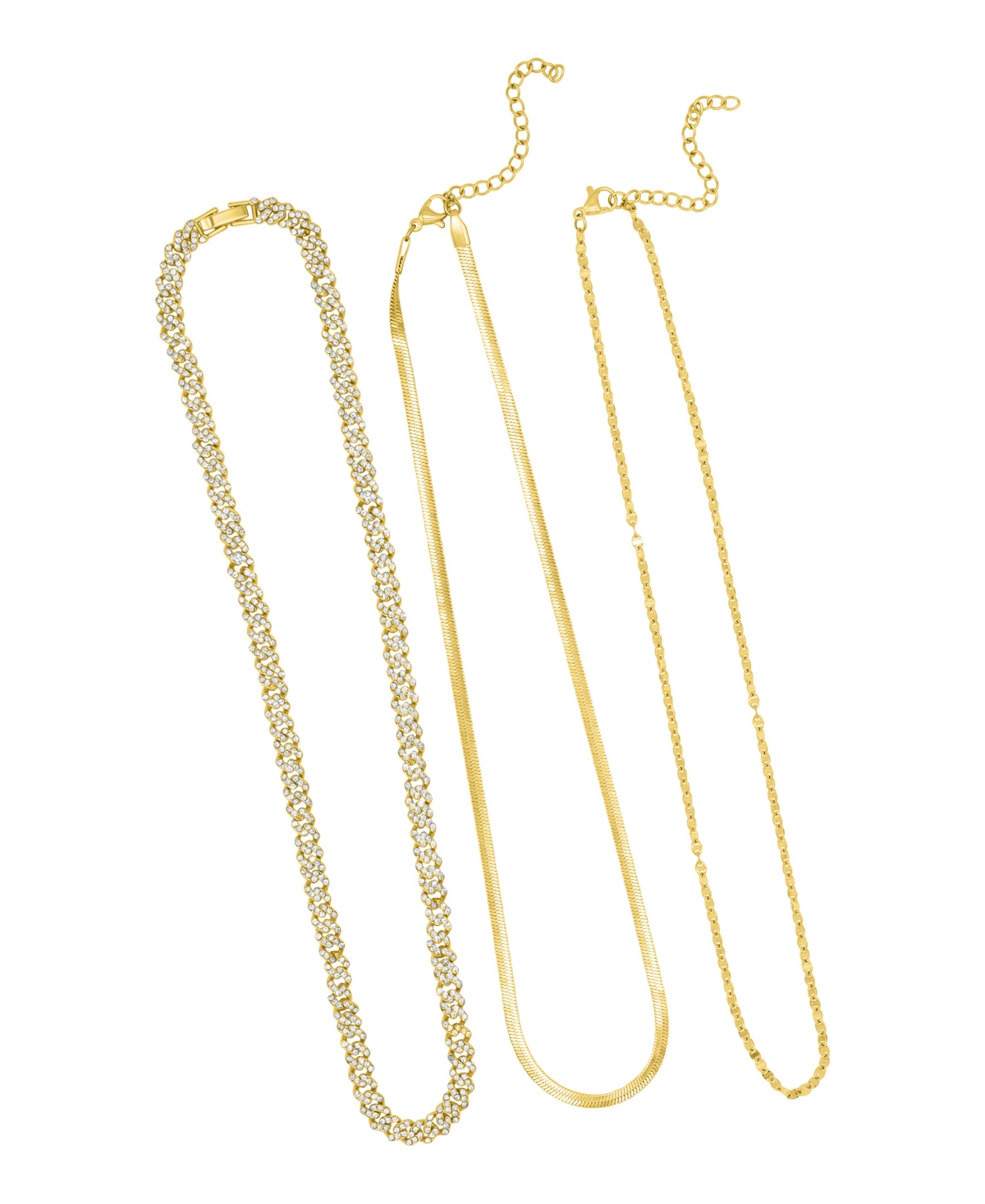 Adornia Gold Adjustable Valentina, Herringbone And 8mm Crystal Curb Chain Necklace Set In Gold