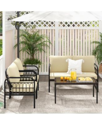 4 Pieces Outdoor Wicker Conversation Bistro Set with Soft Cushions and Tempered Glass Coffee Table