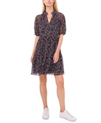 CeCe - Women's Split-Neck Short-Sleeve Babydoll Dress