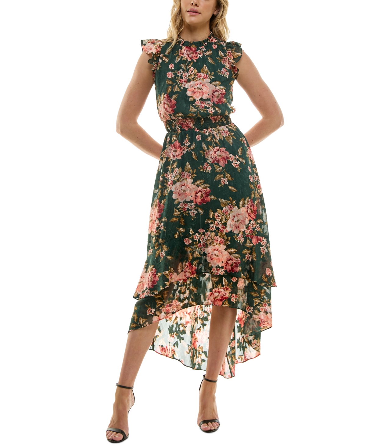 Bcx Juniors' Floral-Print Smocked-Waist High-Low Hem Dress