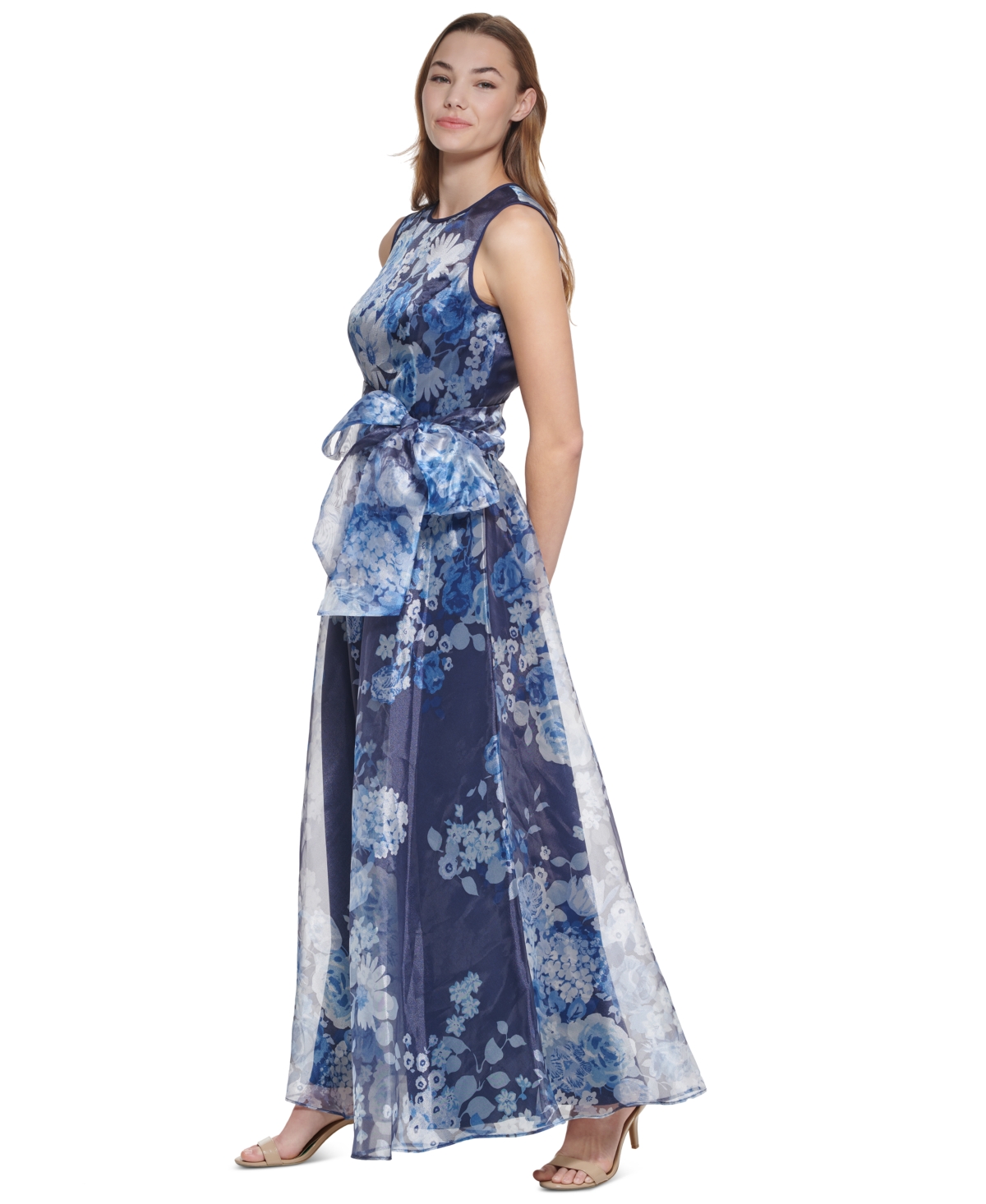 Eliza J Petite Floral Organza Belted Wide-Leg Jumpsuit