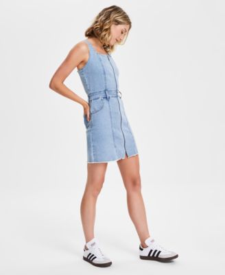 Juniors' Denim Zip-Front Pinafore Dress
