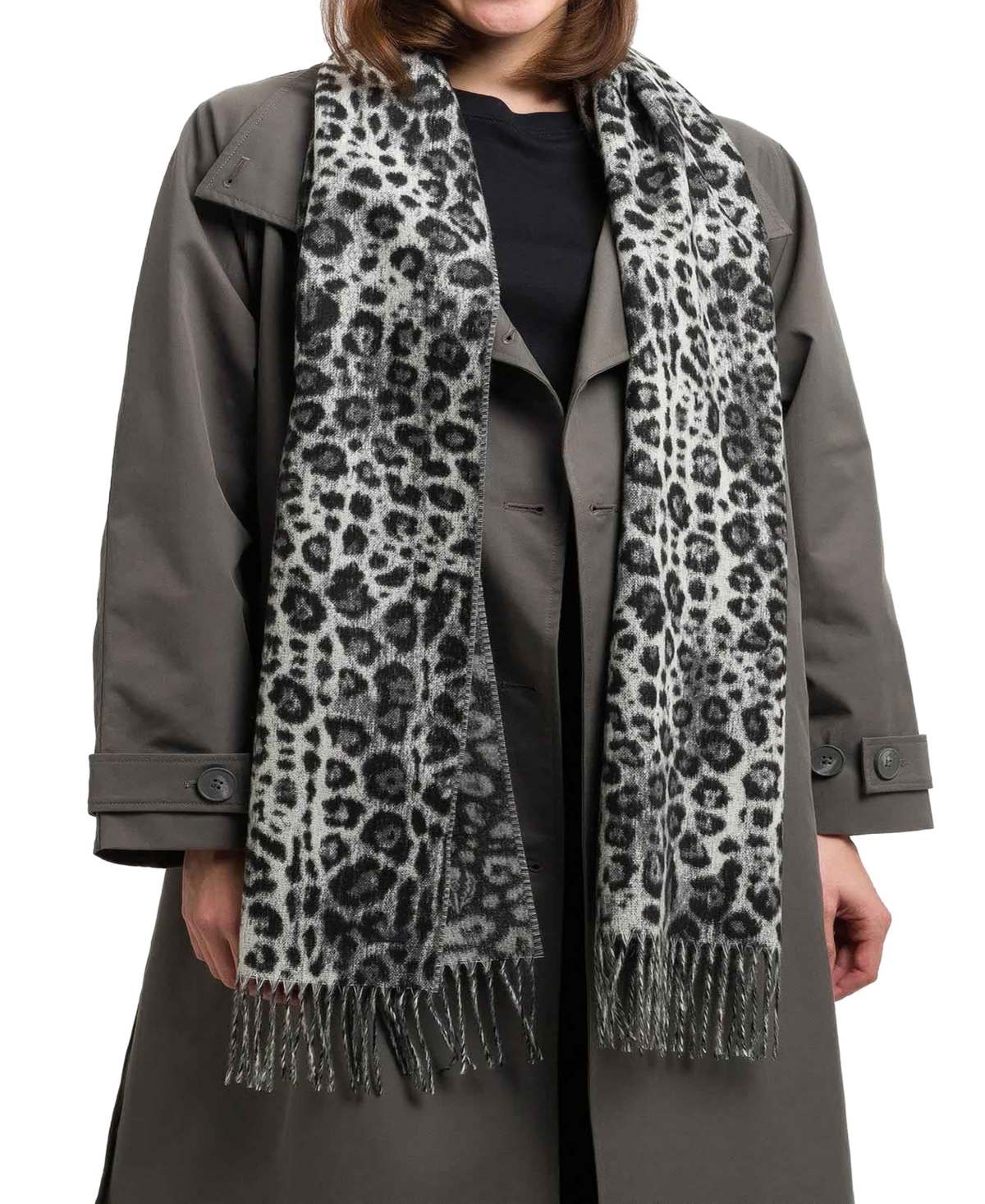 Women's Leo Leopard-Print Fringe-Trim Scarf - Grey