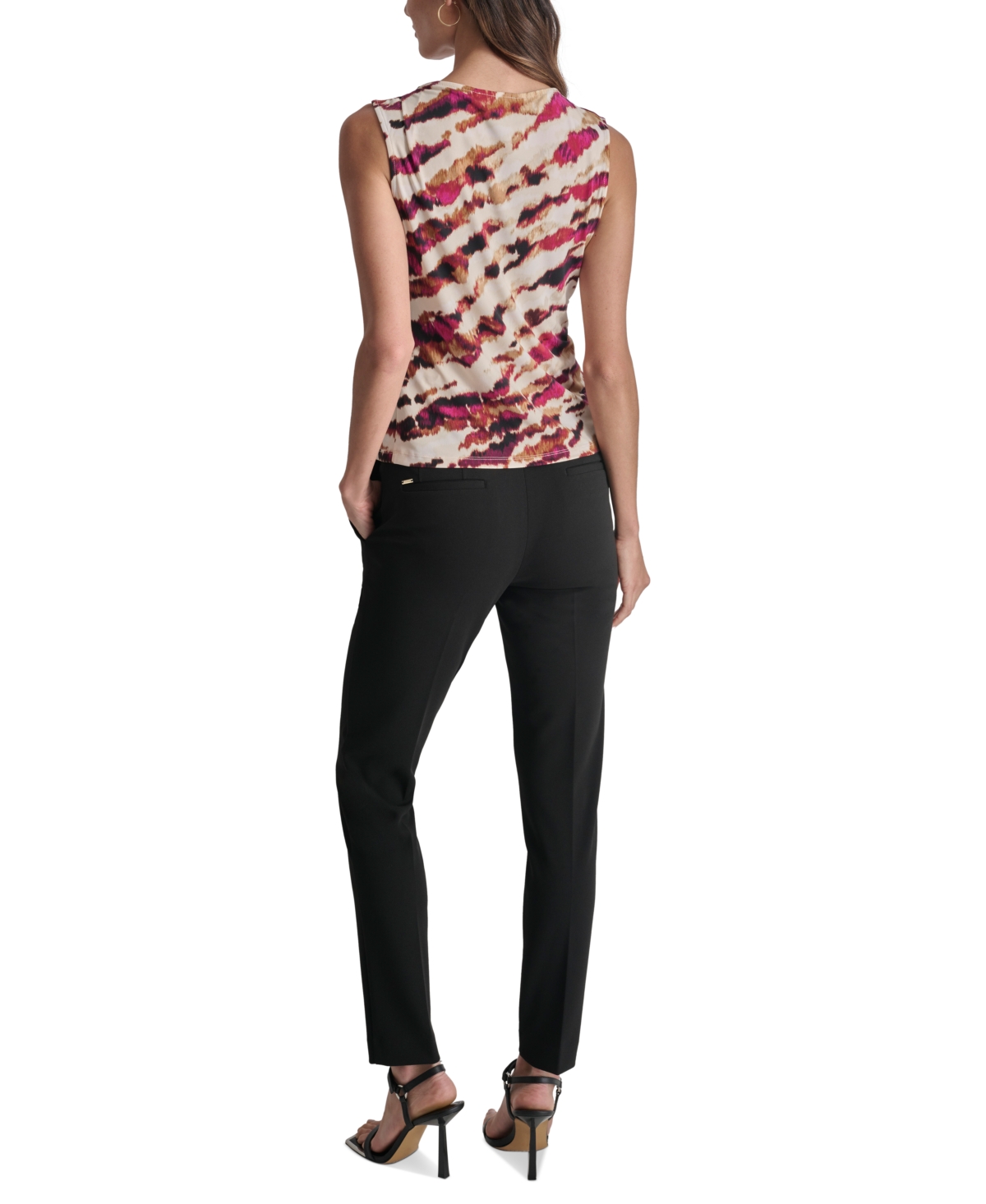 Dkny Petite Printed Draped-Neck Zipper-Shoulder Top