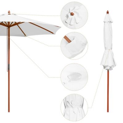 9FT Wooden Patio Umbrella UV30+ for Beach Pool Wedding Party Table Market Garden Yard Hotel Deck Cafe White