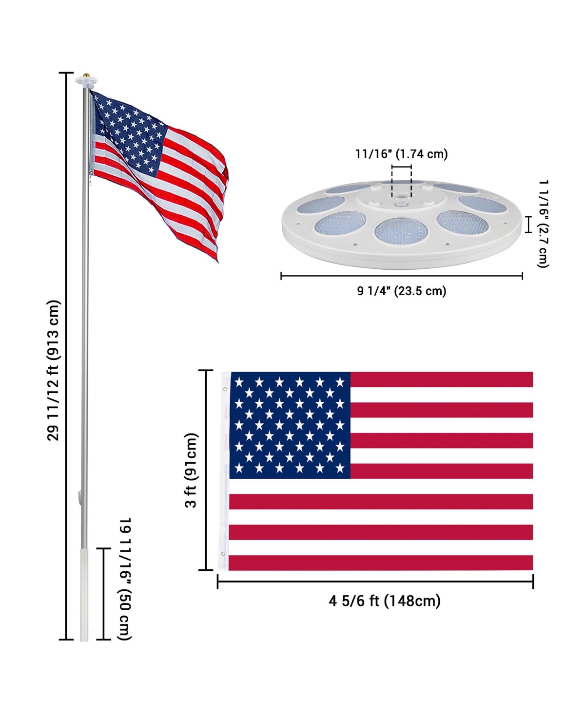 Yescom 30 Ft Sectional Aluminum Flag Pole Kit with 136 Led Solar Light Us Flag Garden