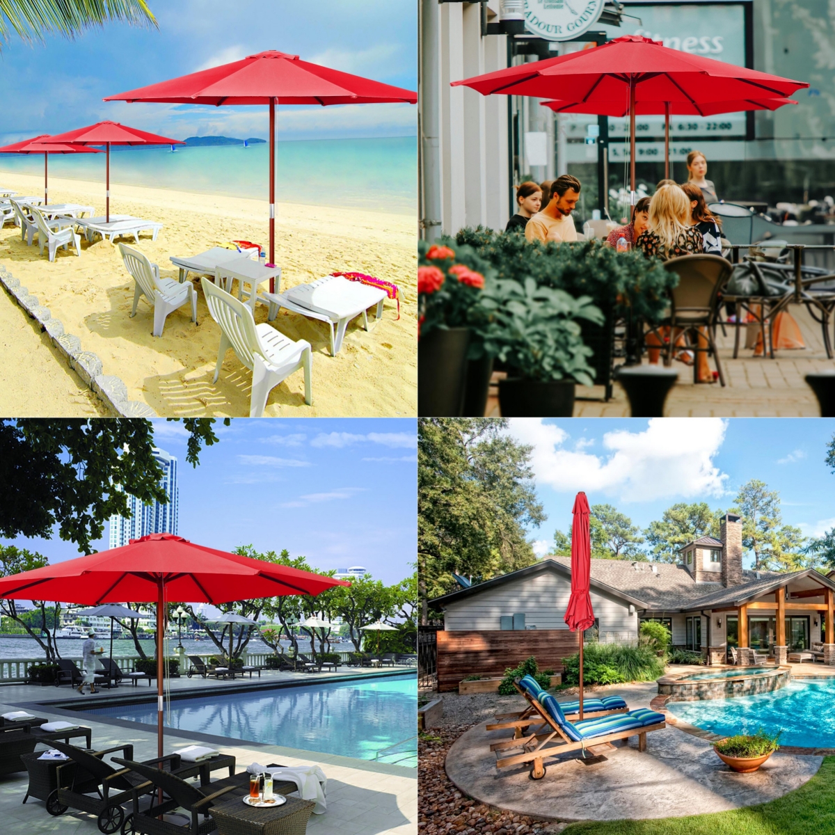 Yescom 9ft Patio Umbrella Wooden Pulley Control Outdoor Yard Beach Bar Garden Market- Red