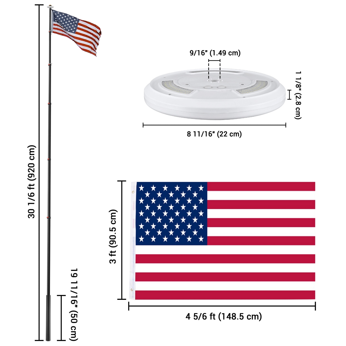Yescom 30 Ft Telescopic Aluminum Flag Pole Kit with 111 Led Solar Light Us Flag Garden