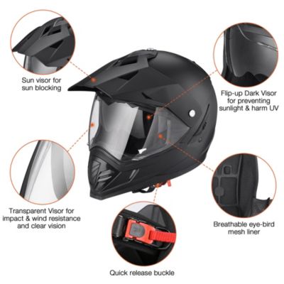Dual Sport Full Face Motorcycle Helmet Motocross Offroad Bike w/ Sun Visor