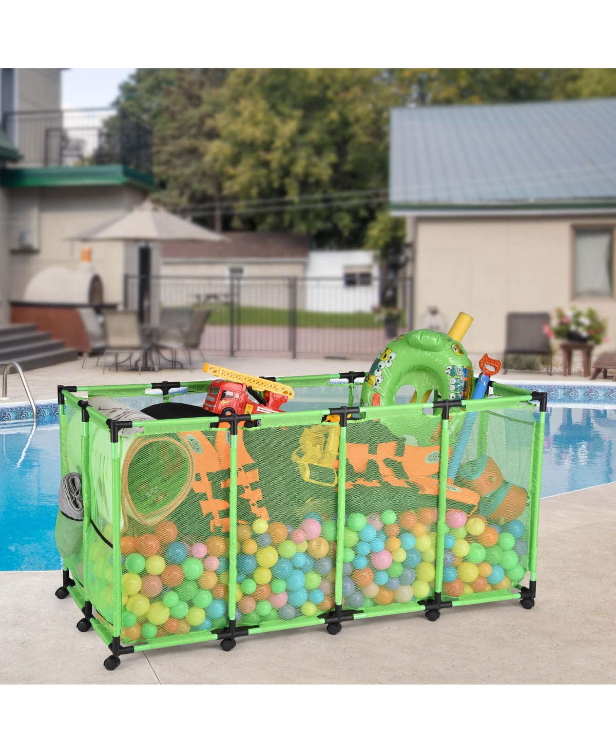Yescom Metal Frame Extra Large 12 Wheels Rolling Mesh Pool Storage Bin 65
