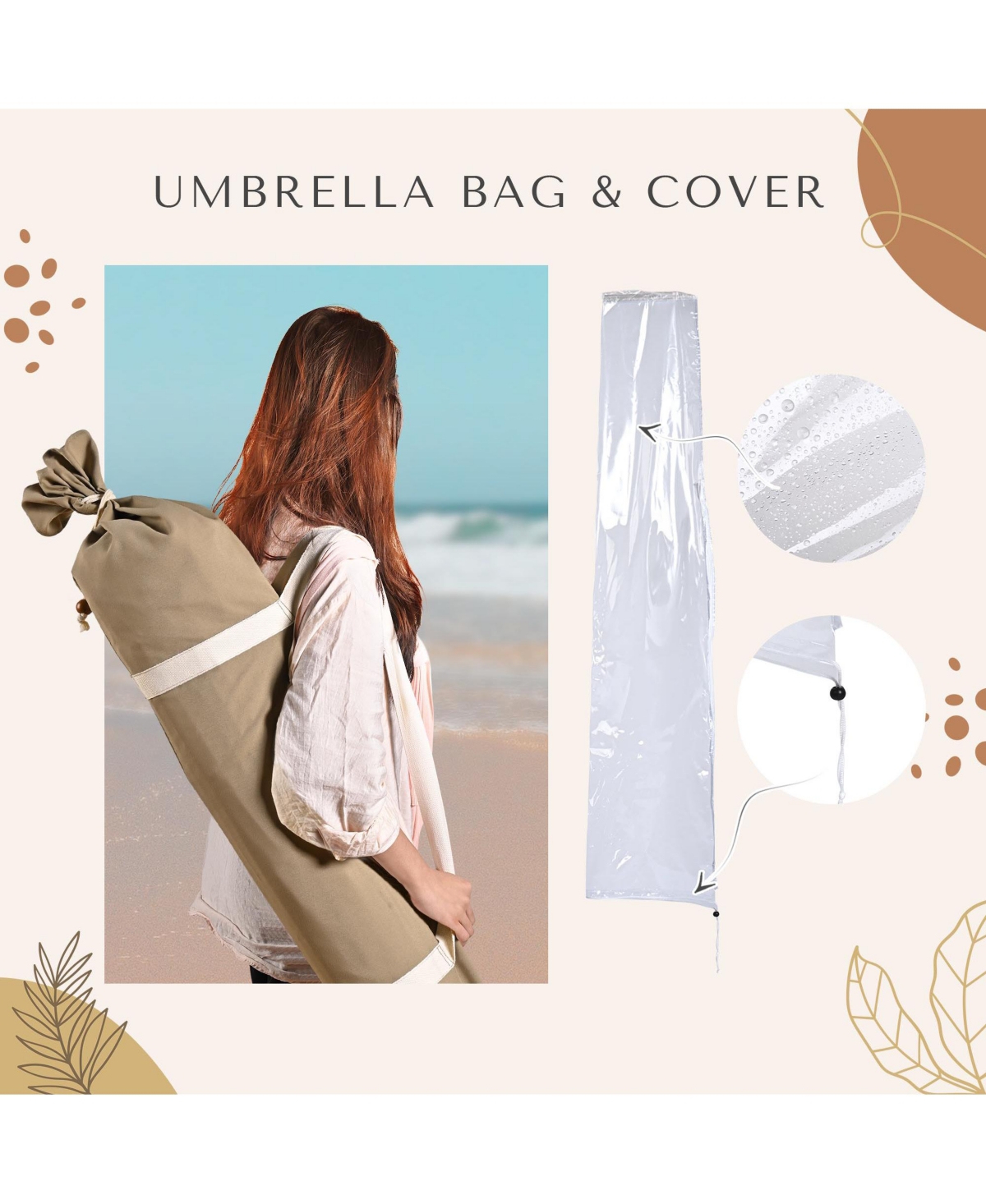 LAGarden 7' Patio Beige Umbrella with Fringe UPF50+ Boho Style 5-Year-Non-Fading for Outdoor,Model: BH7W-01 - Khaki with fringe