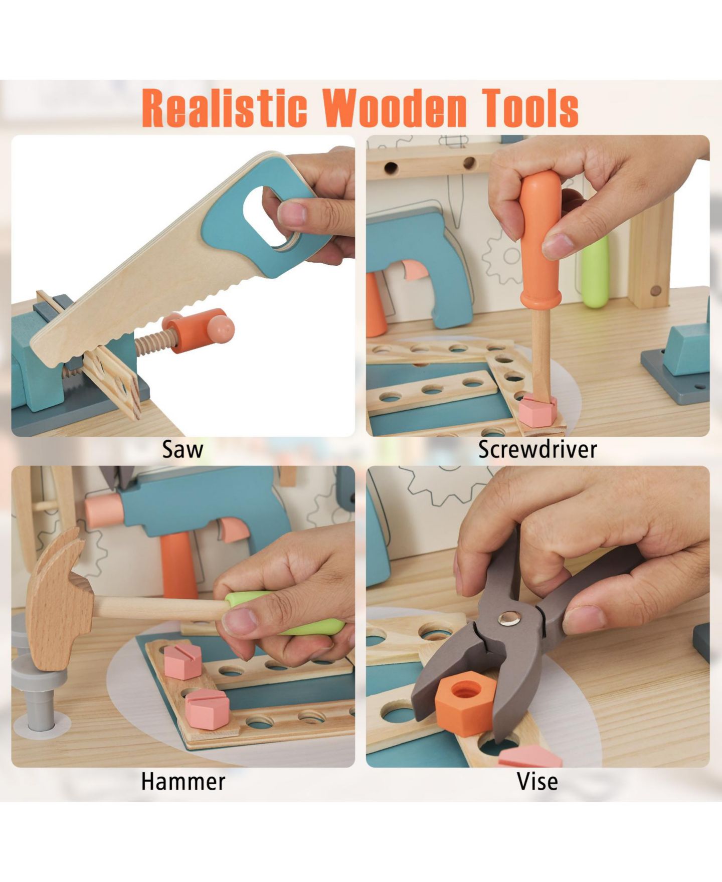 Детские игрушки SUGIFT Realistic Wooden 64-Piece Workbench, Ages 3+ — фото 10