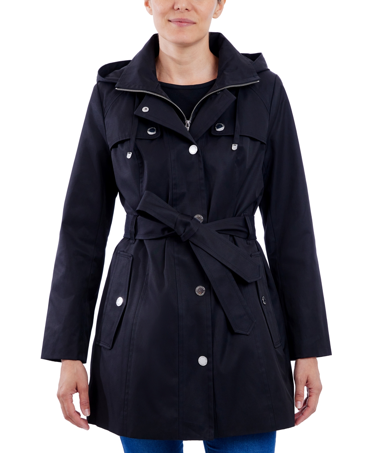 Petite Hooded Belted Zip-Front Raincoat - Ultra Marine