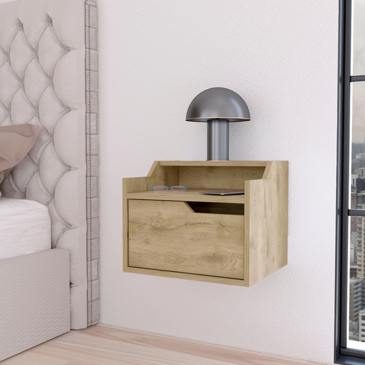 Fm Furniture Florence Floating Nightstand with Drawer and Dual-Shelf Display