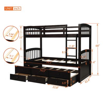 Twin Bunk Bed with Ladder, Rail, Trundle and Drawers