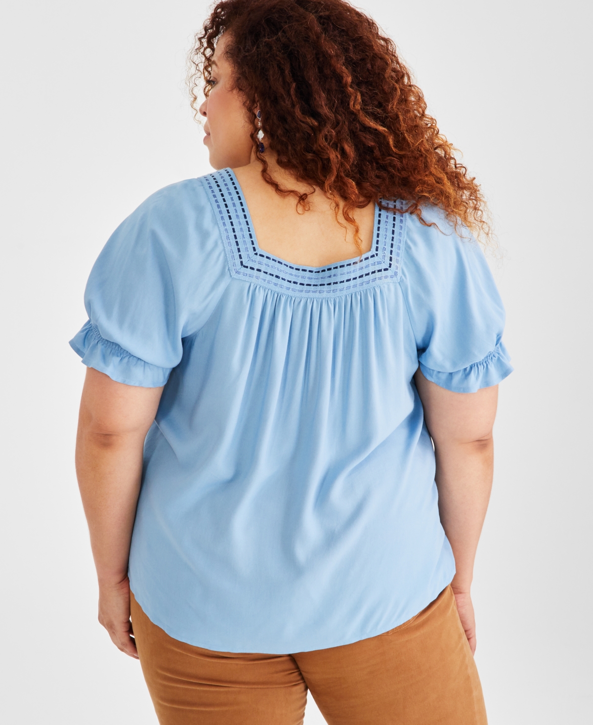 Style & Co Plus Size Puff-Sleeve Crochet-Trim Top, Created for Macy's
