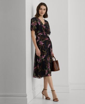 送料関税込【LAUREN RALPH LAUREN】PRINT GEORGETTE DRESS Lauren Ralph Lauren Women's Print Belted Crinkle Georgette
