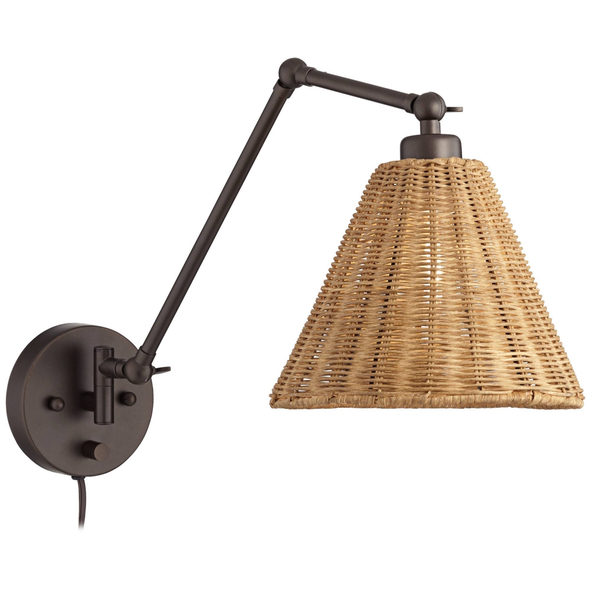 Barnes and Ivy Rowlett Cottage Swing Arm Adjustable Wall Mounted Lamp with Cord Bronze Plug-In Light Fixture Natural Rattan Shade for Bedroom Bedside