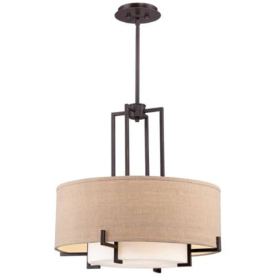 Concentric Pendant Chandelier with Burlap Drum Shade 4-Light Fixture for Dining Room or Kitchen Island