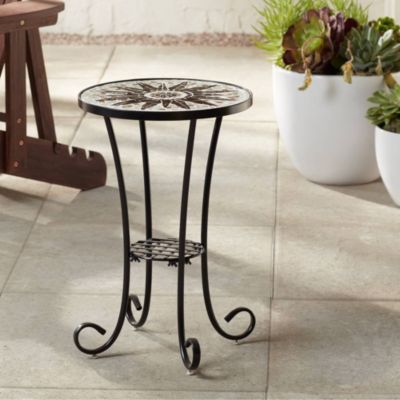 Rustic Black Round Outdoor Accent Side Tables 14" Wide Set of 2 Brown Mosaic Tabletop for Front Porch Patio Home House