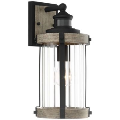 Stan Rustic Farmhouse Outdoor Wall Light Fixture Gray Faux Wood Black Motion Sensor 15 1/2" Clear Ribbed Glass for Post Exterior Barn