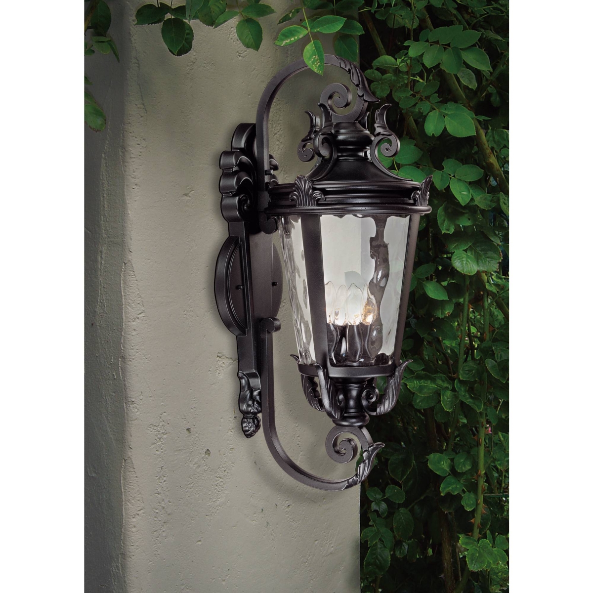 Casa Marseille European Outdoor Wall Light Fixture TexturedScroll Arm Clear Hammered Glass for Exterior House Porch Patio Outside Deck Gara