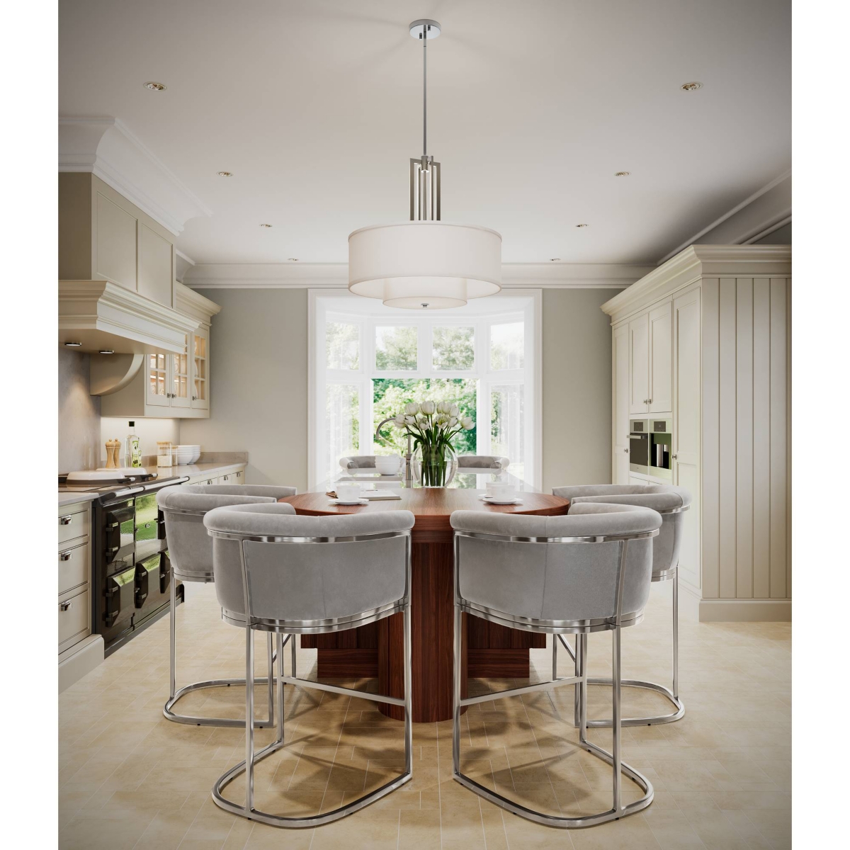 Possini Euro Design Adriana Brushed Nickel Finish Pendant Light Wide Modern Glass Off White Linen Drum Shade 4-Light Fixture for Dining Room House
