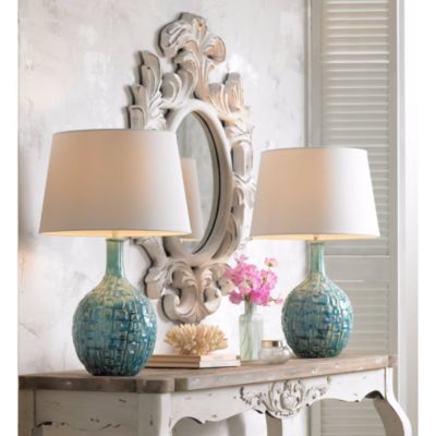 Modern Table Lamp 26" High Teal Glaze Raised Square Ceramic Gourd White Fabric Tapered Drum Shade Decor for Bedroom Living Room House Home Bedside Nightstand Office Kids Family - 360 Lighting